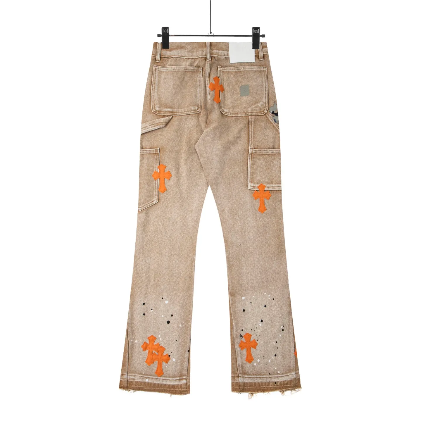 #8200 P260💰 Independent GALLERY DEPT. Vintage splash-ink splicing khaki orange cross loose washed flared jeans - truly restore the ultimate vintage texture - original hardware accessories washed and other elevators, QR code analysis are all purchased from the original factory, high degree of restoration, you are welcome to compare with certain products ~ - three-dimensional version Loose and comfortable, not picky about the figure, tall and slim, factory Seiko, original quality control, same style for men and women, can be matched with couples, versatile recommendation Essential jeans for all seasons - sizes: 28 30 32 34 36